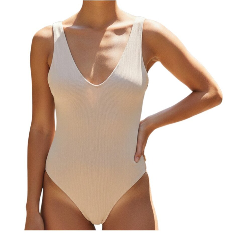 Cream Ribbed One Piece Lined Bathing Suit - Medium